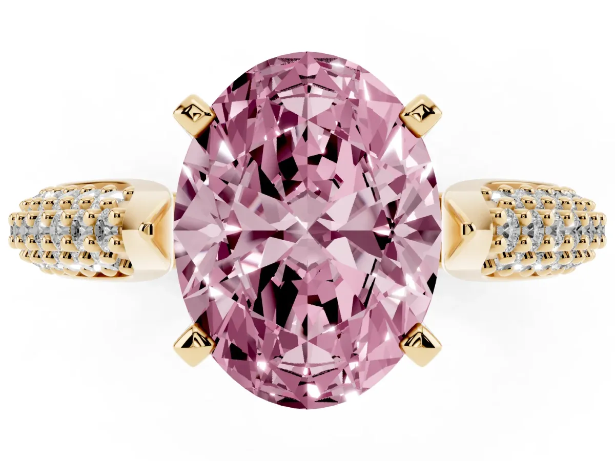 Fancy Pink Oval Cut Diamond Solitaire Engagement Ring with Multi-Row Round Pavé Band and Prong Setting Yellow gold