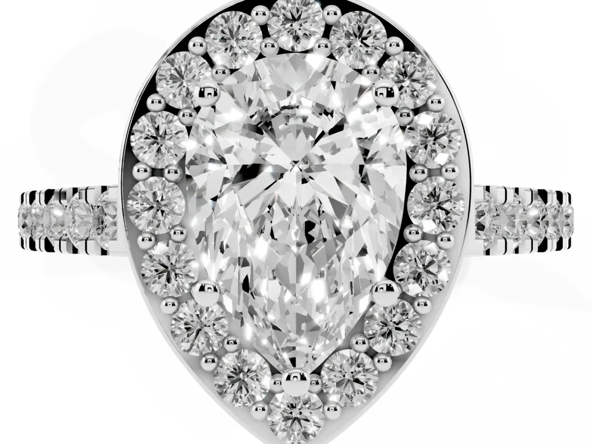 Pear Cut Diamond Halo Ring with Round Pavé Split Shank and Prong Setting Silver