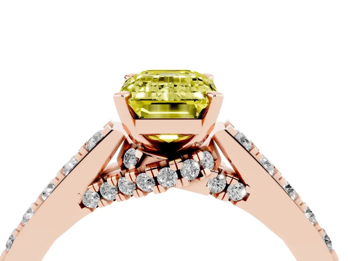Fancy Yellow Emerald Cut Diamond Solitaire Ring with Crossover Gallery and Round Pavé Band Rose gold