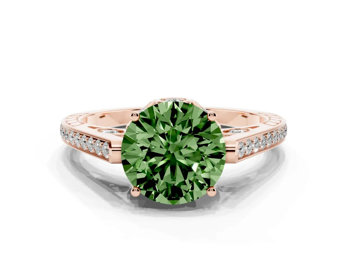 Fancy Green Round Cut Cut Cathedral Pave Diamond Engagement Ring with Six-Prong Setting Rose gold