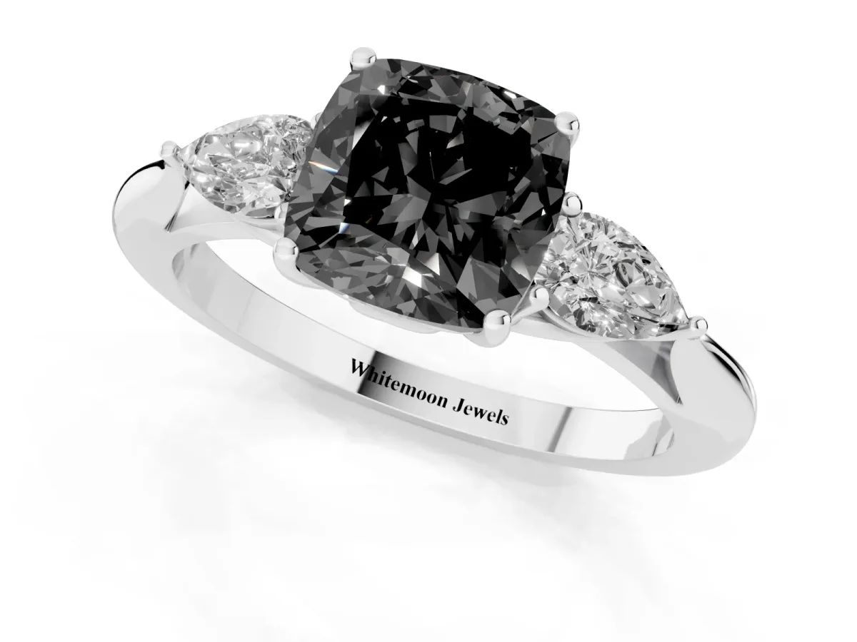 Fancy Black Cushion Cut Diamond Three-Stone Ring with Pear Side Stones and Prong Setting Silver