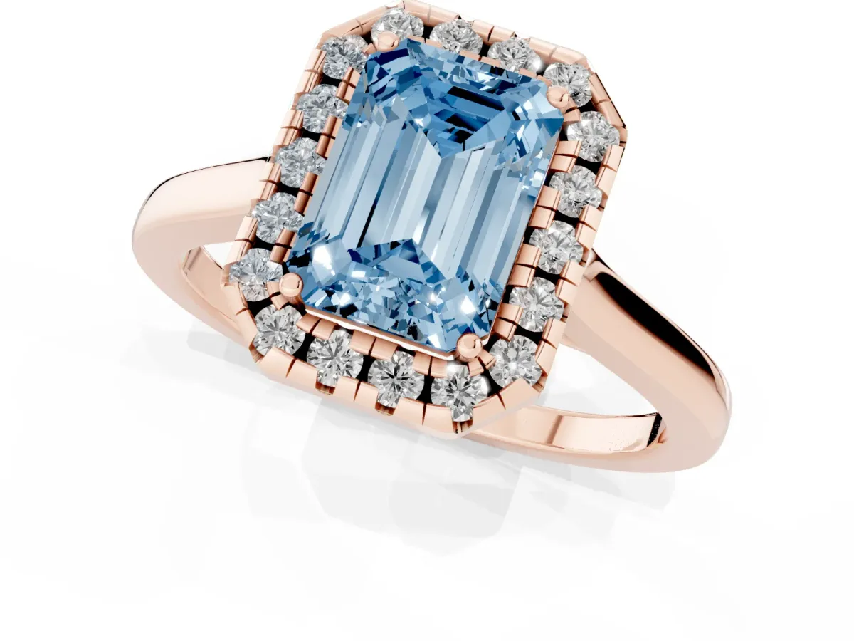 Fancy Blue Emerald Cut Halo Round Diamond Solitaire Ring with Pavé Band and Four-Prong Setting Rose gold