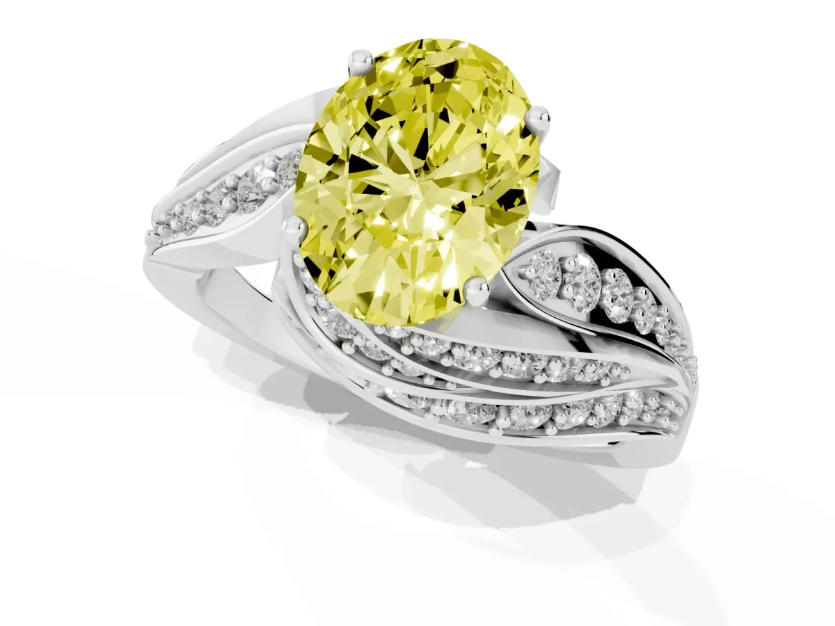 Fancy Yellow Oval Cut Diamond Solitaire Ring with Prong Setting and Twisted Pavé Band Silver