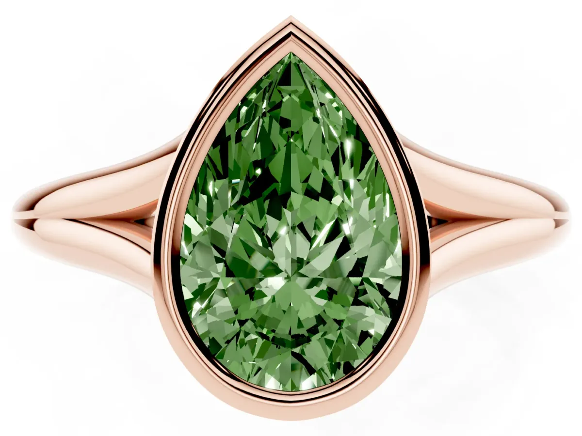 Fancy Green Bezel Set Pear Cut Cut Solitaire Ring with Tapered Band Rose gold