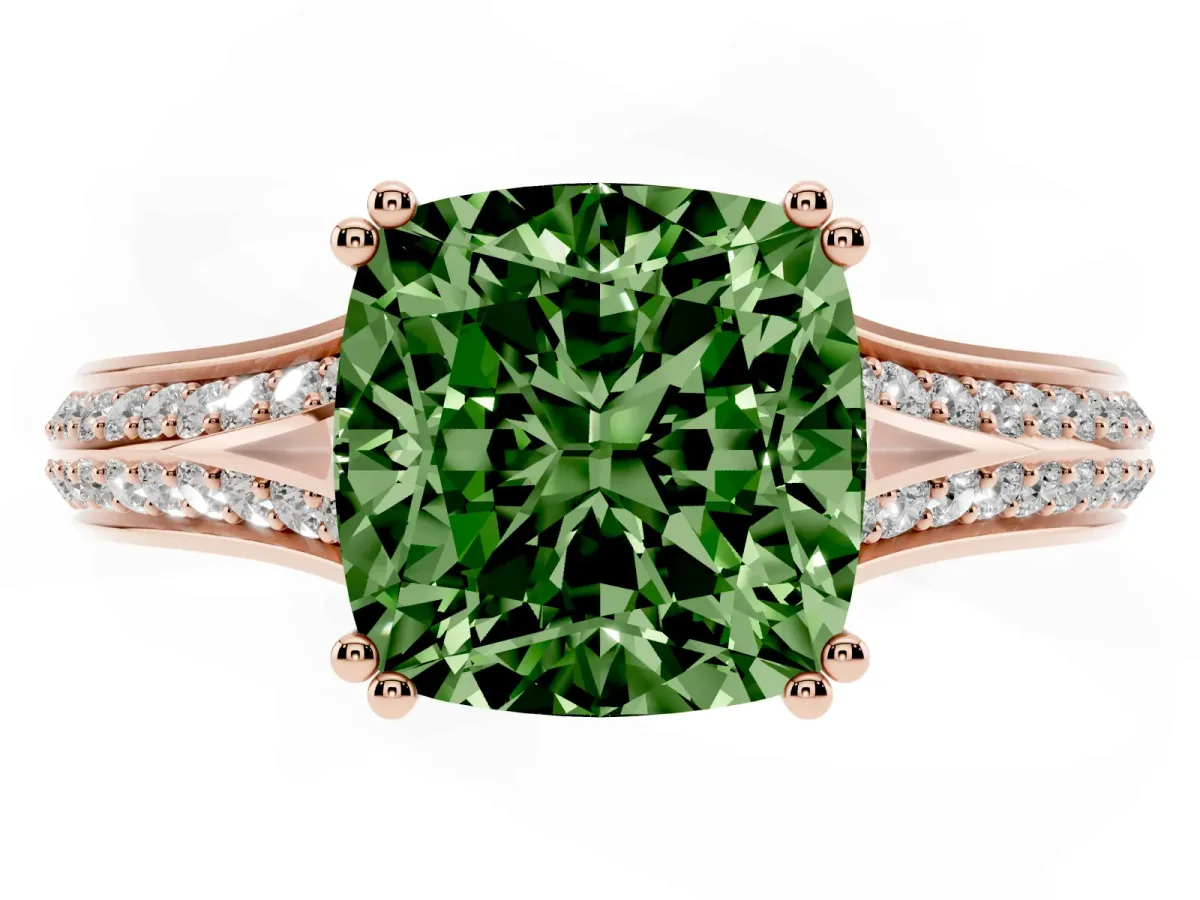 Fancy Green Cushion Cut Diamond Split Shank Engagement Ring with Pavé Band Rose gold