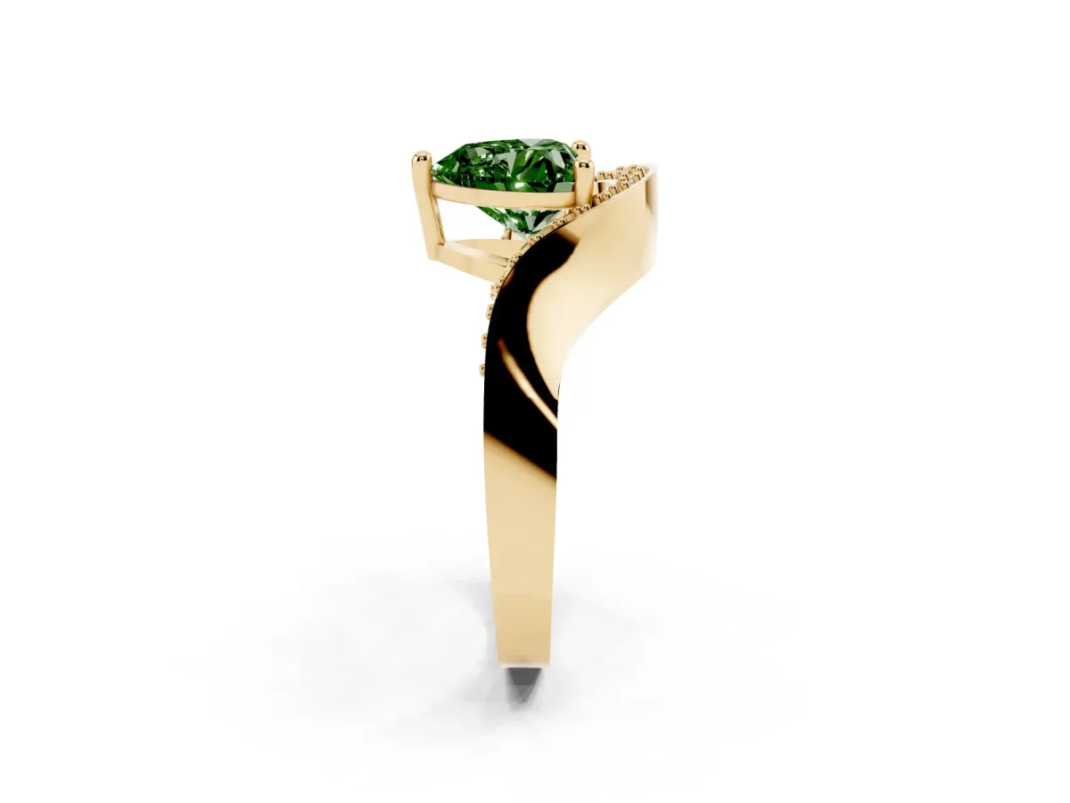 Fancy Green Heart Cut Solitaire Diamond Engagement Ring with Pave Band and Four-Prong Setting Yellow gold
