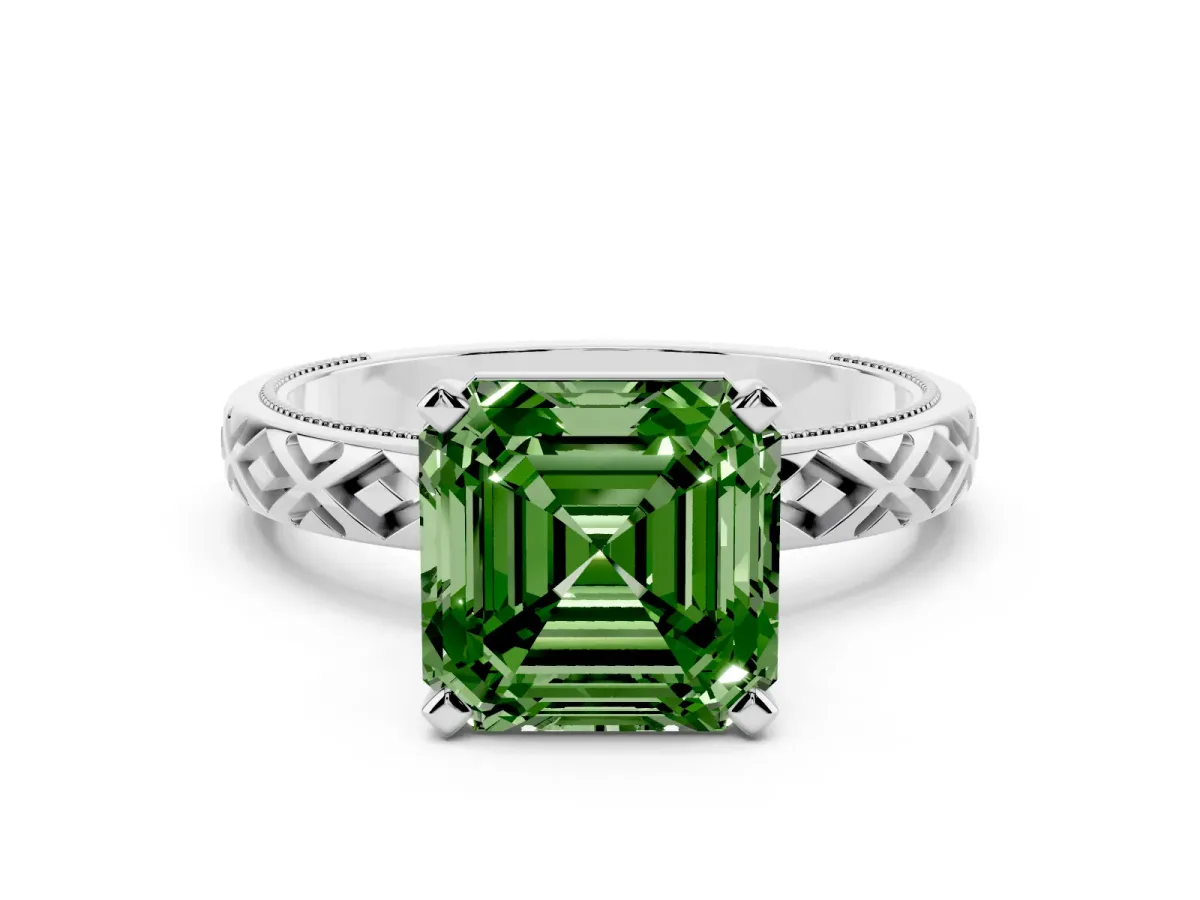 Fancy Green Asscher Cut Solitaire Diamond Ring with Milgrain and Black Enamel X Pattern Band Silver