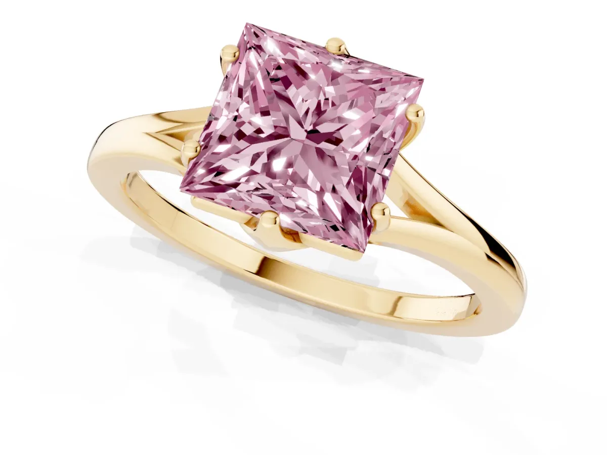 Fancy Pink Princess Cut Solitaire Diamond Ring with Six-Prong Setting and Tapered Band Yellow gold