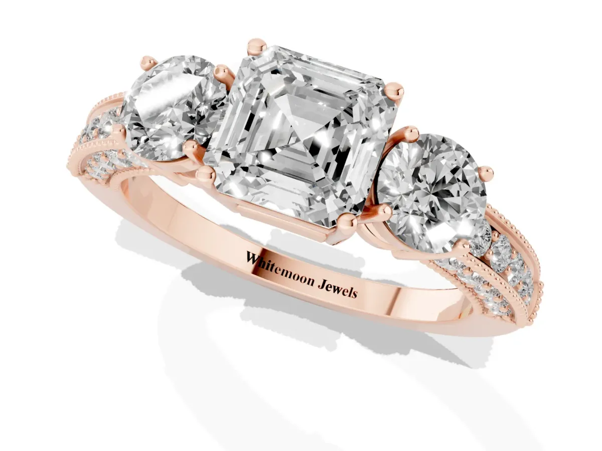 Asscher Cut Three-Stone Diamond Ring with Pavé Band and Four-Prong Setting Rose gold