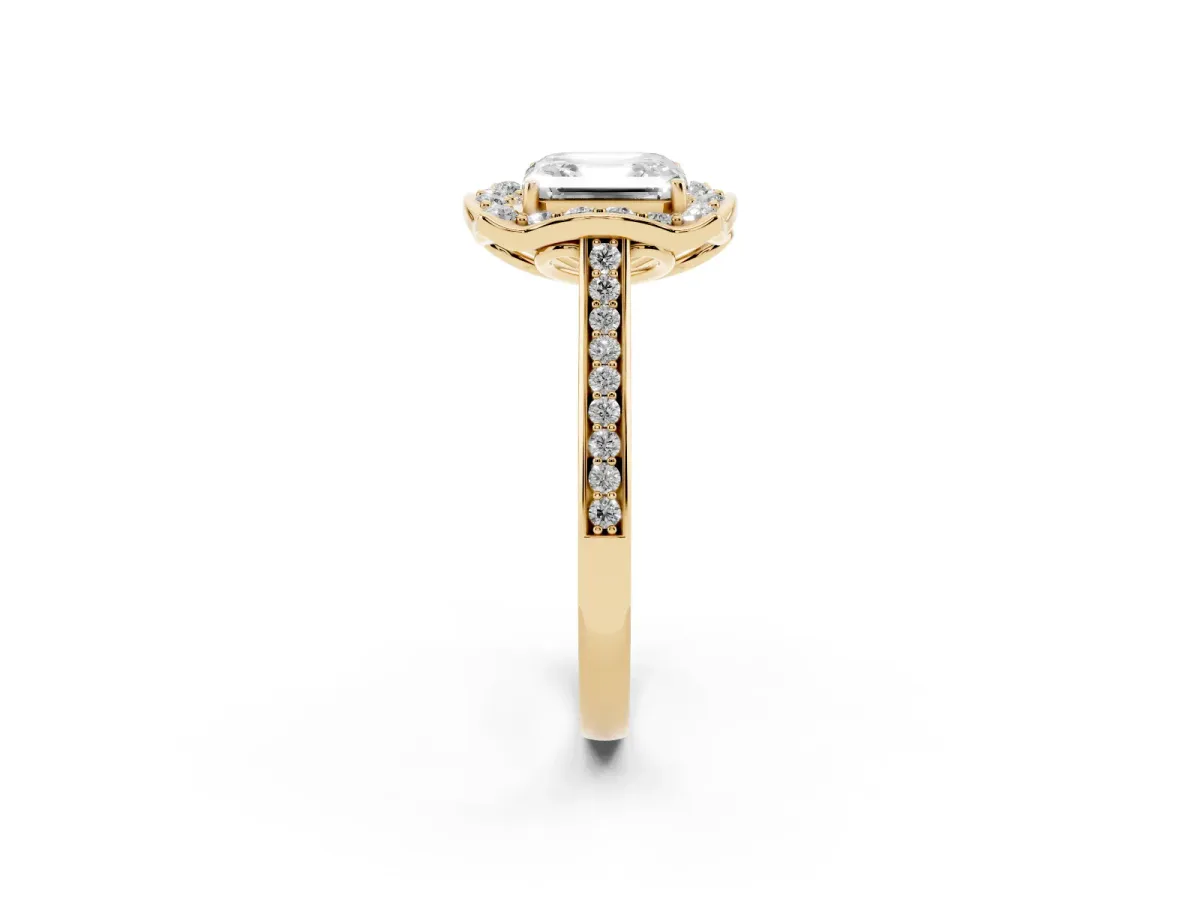 Asscher Cut Halo Round Diamond Pave Band with Four-Prong Setting Yellow gold