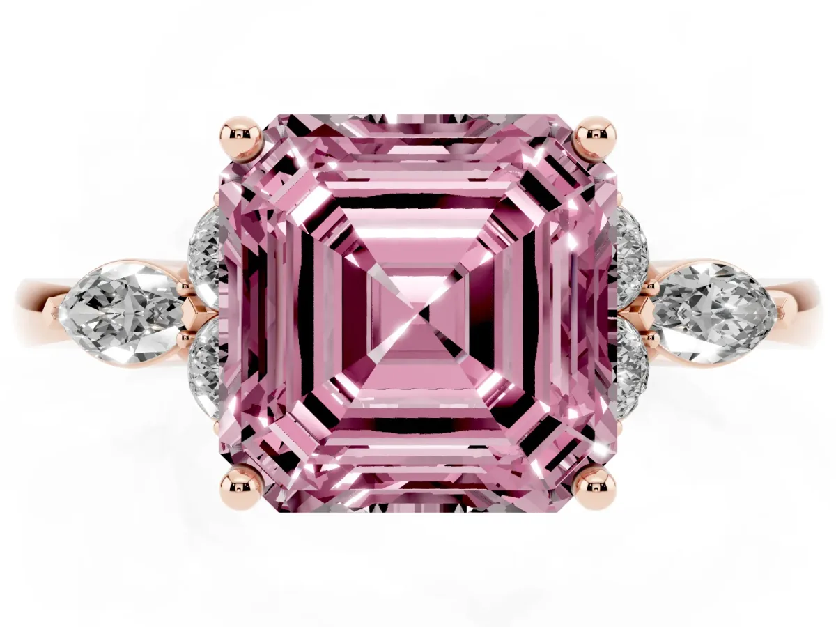 Fancy Pink Asscher Cut Brilliant Diamond Solitaire Ring with Pear Side Stones and Four-Prong Setting Rose gold