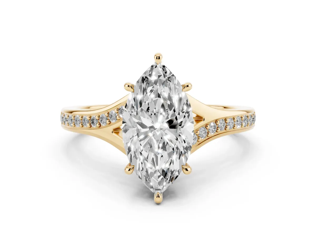 Marquise Cut Diamond Solitaire Ring with Pavé Band and Prong Setting Yellow gold