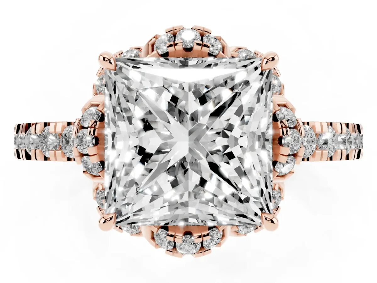 Princess Cut Diamond Halo Pave Band with Four-Prong Setting Rose gold