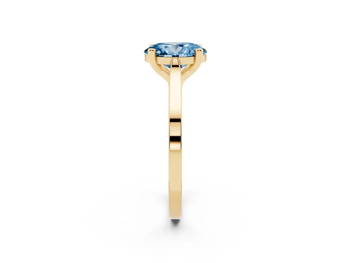Fancy Blue Oval Cut Solitaire Diamond Ring with Four-Prong Setting and Tapered Band Yellow gold