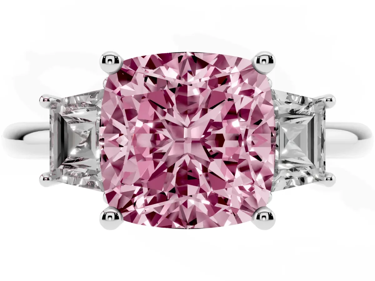Fancy Pink Cushion Cut Diamond Three-Stone Ring with Trapezoid Side Stones and Prong Setting Platinum