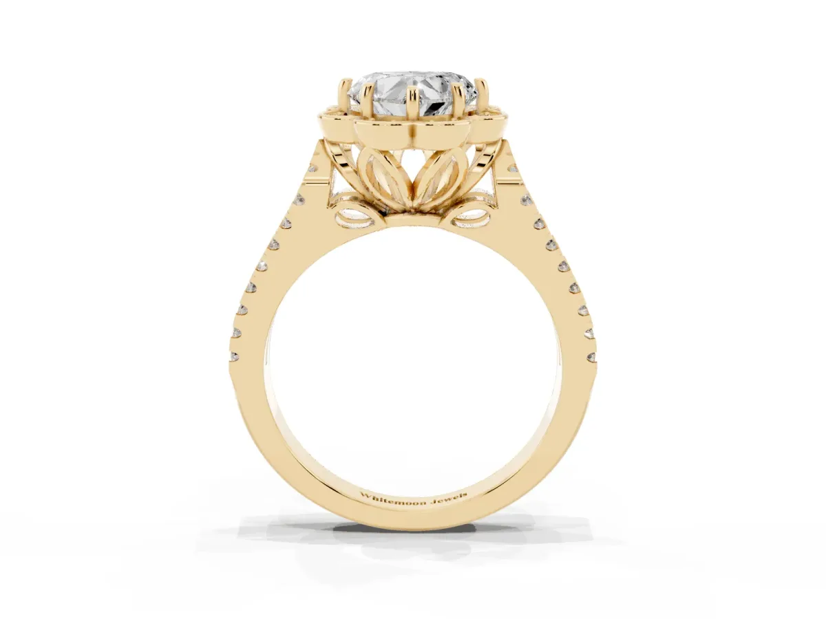 Heart Cut Halo Diamond Floral Split Shank Engagement Ring Yellow gold