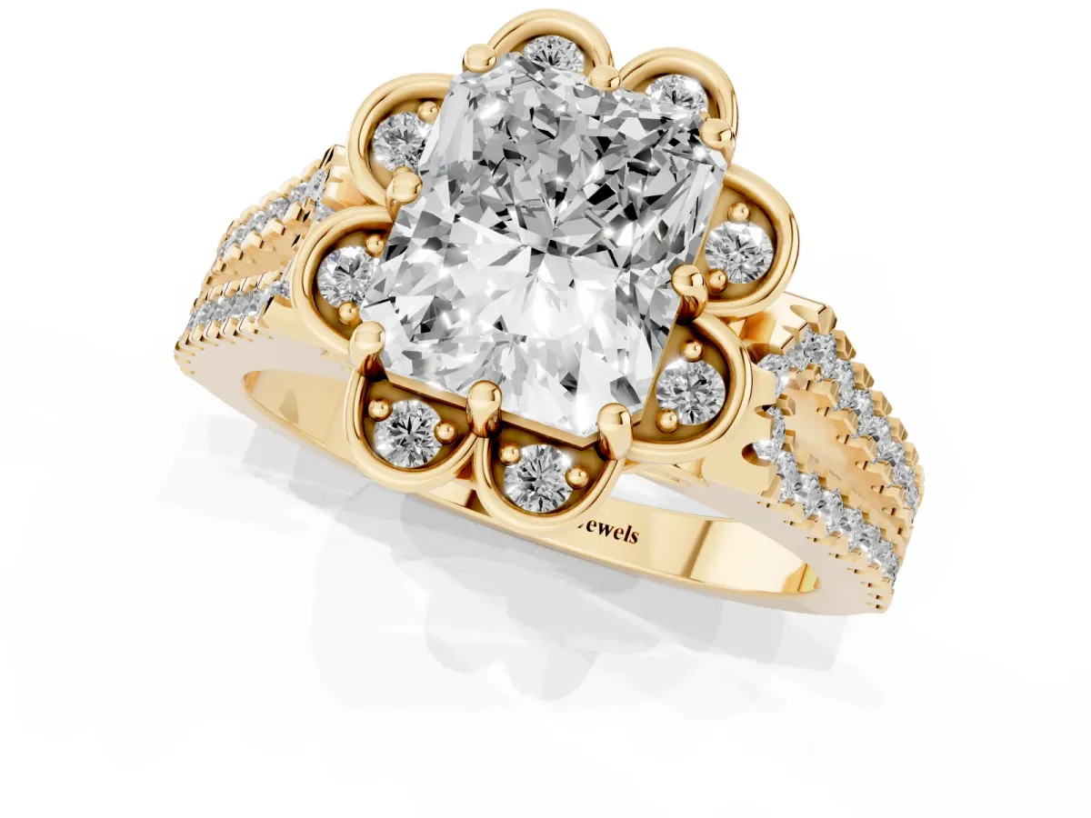 Radiant Cut Halo Diamond Floral Split Shank Engagement Ring Yellow gold