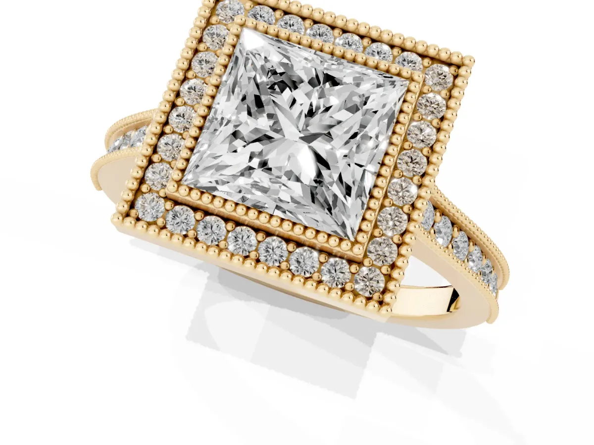 Halo Princess Cut-Cut Diamond Pave Band Milgrain Prong Setting Ring Yellow gold