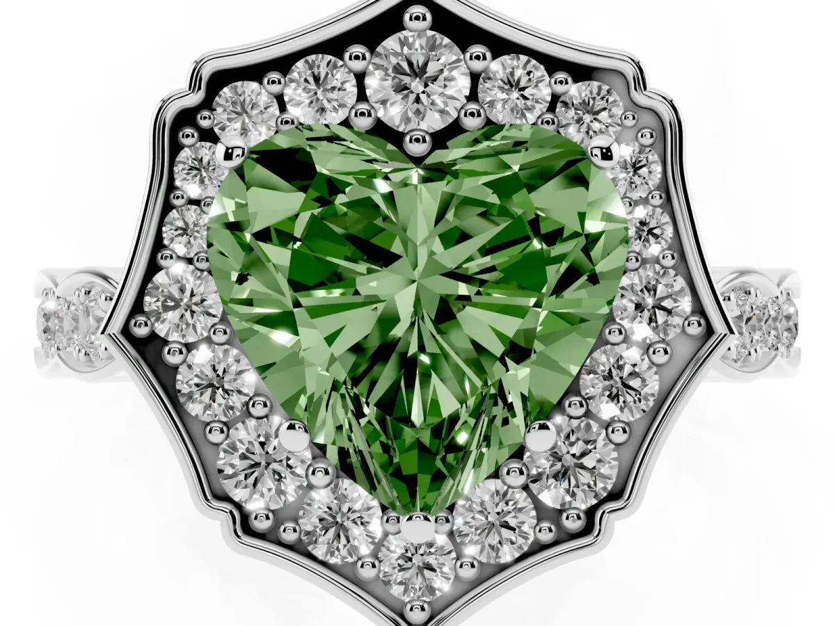 Fancy Green Heart Cut Halo Diamond Engagement Ring with Milgrain Band and Four-Prong Setting Silver