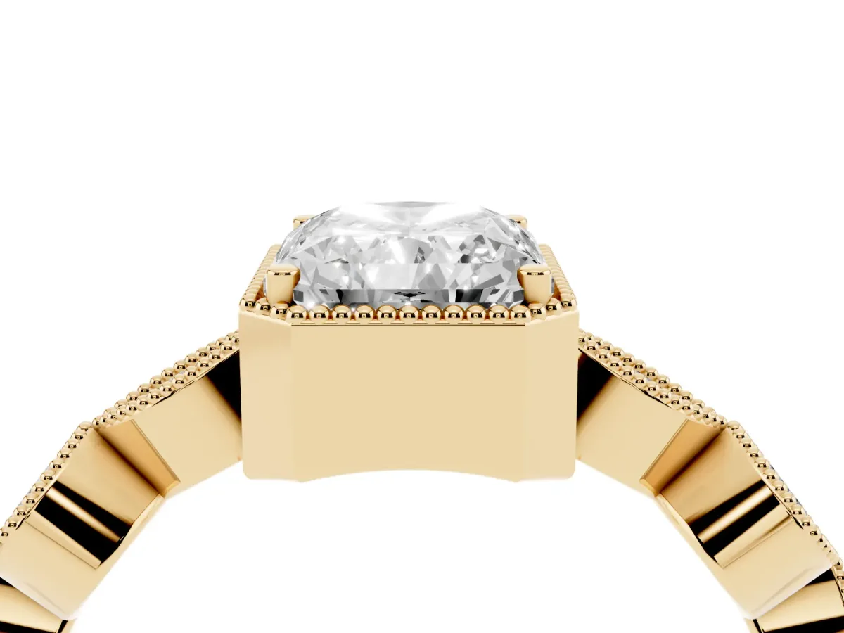 Radiant Cut Diamond Vintage Milgrain Ring with Round Stations Yellow gold