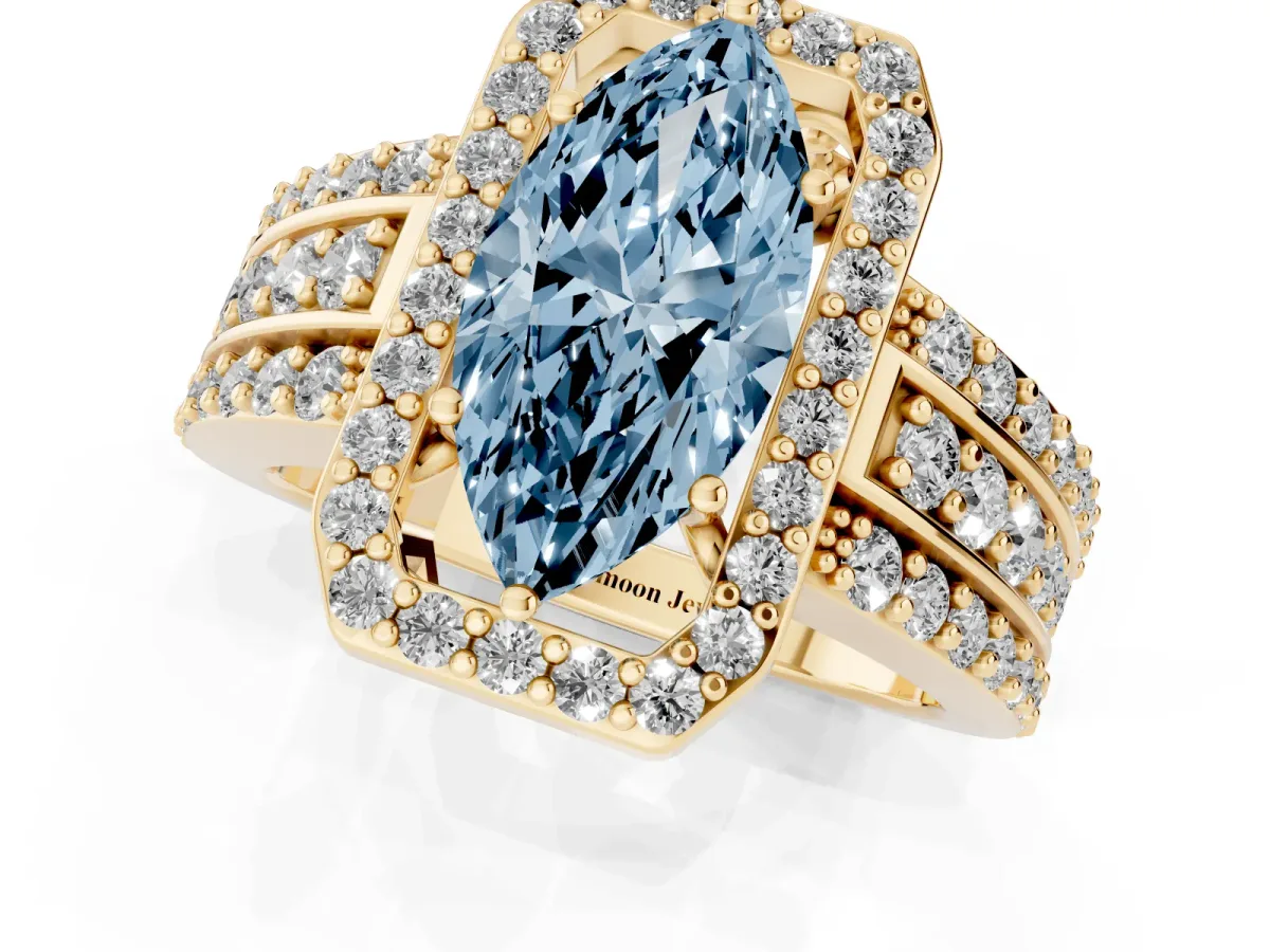Fancy Blue Marquise Cut Halo Diamond Ring with Round Split Shank and Prong Setting Yellow gold