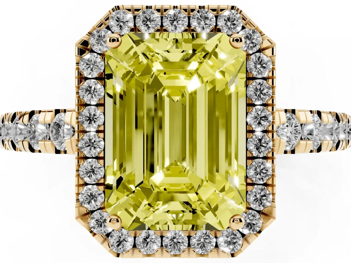 Fancy Yellow Emerald Cut Diamond Halo Ring with Pavé Band and Four-Prong Setting Yellow gold