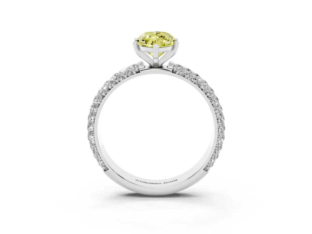 Fancy Yellow Marquise Cut Diamond Solitaire Ring with Prong Setting and Pavé Band Silver