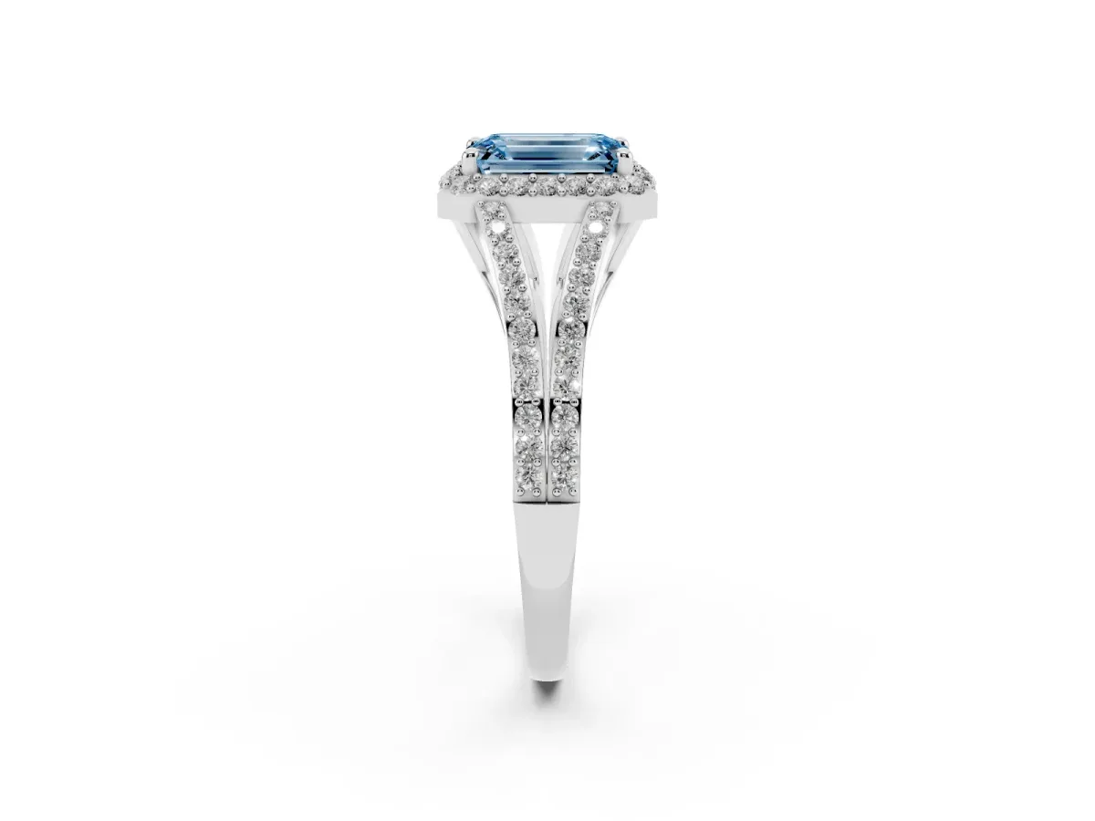 Fancy Blue Emerald Cut Halo Split Shank Diamond Ring with Prong Setting Platinum