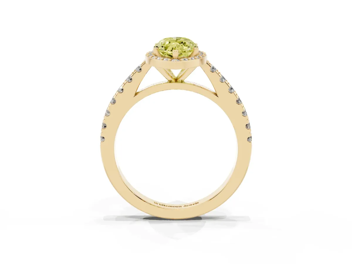 Fancy Yellow Marquise Cut Cut Halo Diamond Engagement Ring with Pave Band and Four-Prong Setting Yellow gold