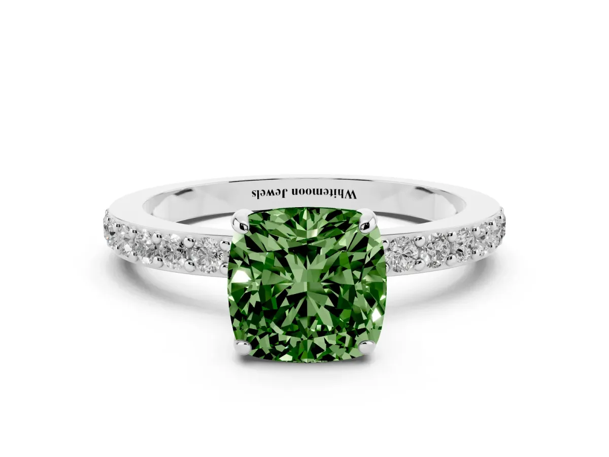 Fancy Green Cushion Cut Diamond Pavé Engagement Ring with Round Accents and Prong Setting Silver