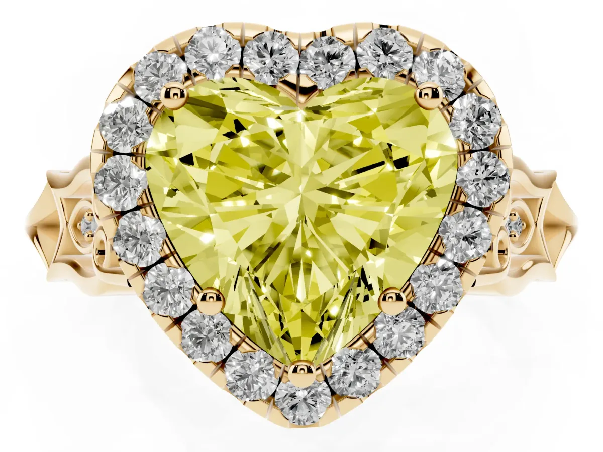 Fancy Yellow Heart Cut Halo Diamond Engagement Ring with Filigree Band and Four-Prong Setting Yellow gold