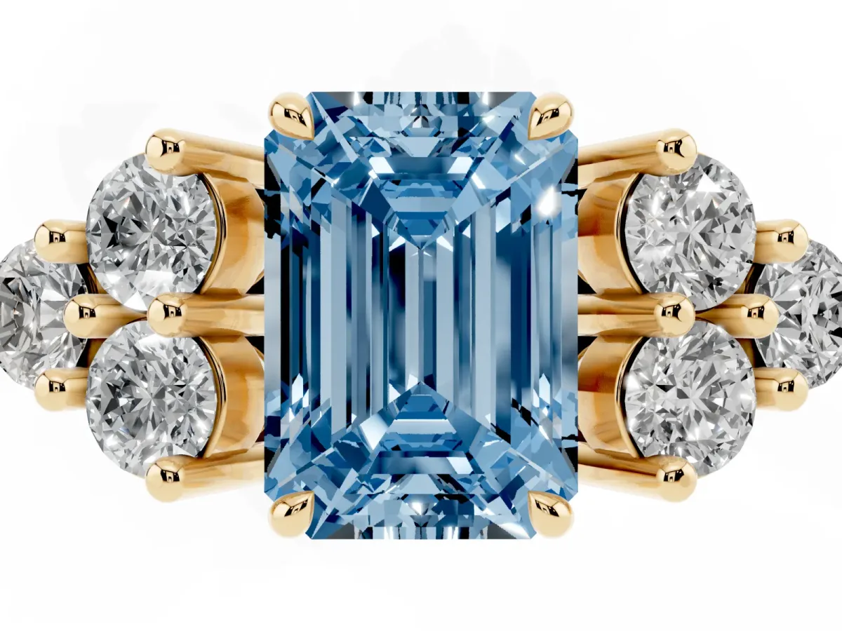 Fancy Blue Emerald Cut Brilliant Diamond Cluster Accent Solitaire Ring with Prong Setting Yellow gold