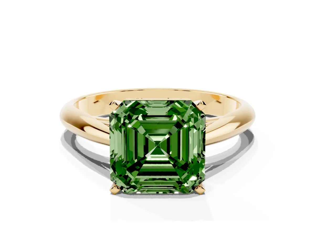 Fancy Green Asscher Cut Diamond Solitaire Engagement Ring with Cathedral Setting and Four-Prong Mount Yellow gold
