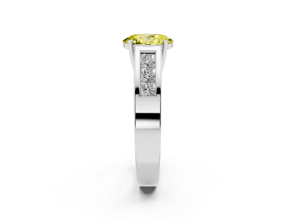 Fancy Yellow Oval Cut Cut Channel Set Solitaire Ring with Four-Prong Setting Silver