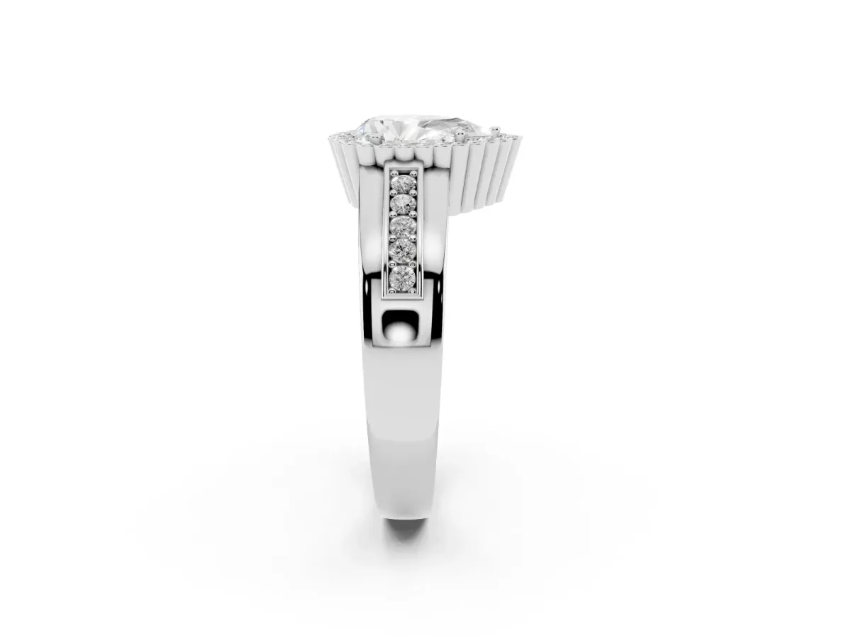 Pear Cut Cut Halo Pave Band Four-Prong Ring Silver