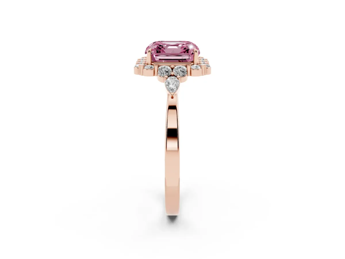 Fancy Pink Asscher Cut Diamond Halo Ring with Pear Side Stones and Prong Setting Rose gold