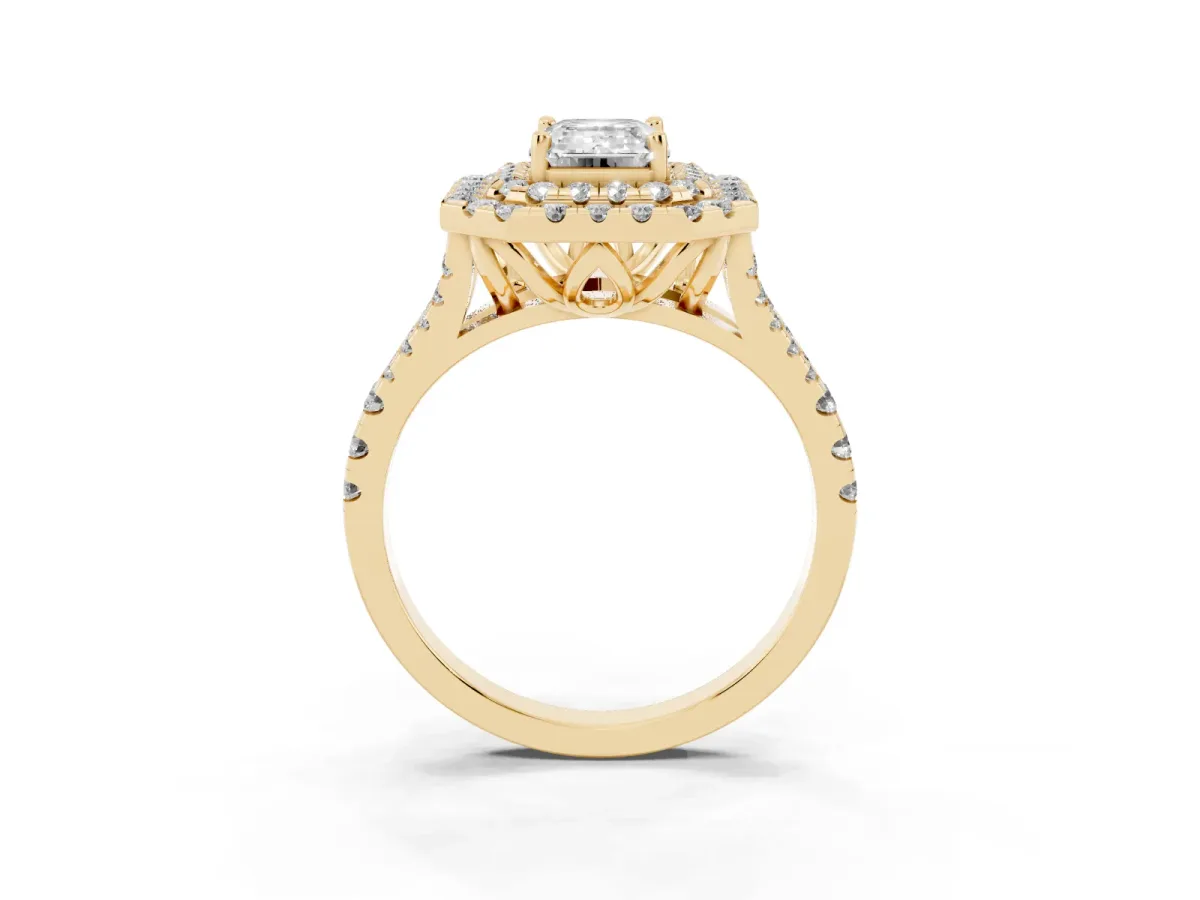 Double Halo Emerald Cut Diamond Pavé Split Shank Ring with Prong Setting Yellow gold