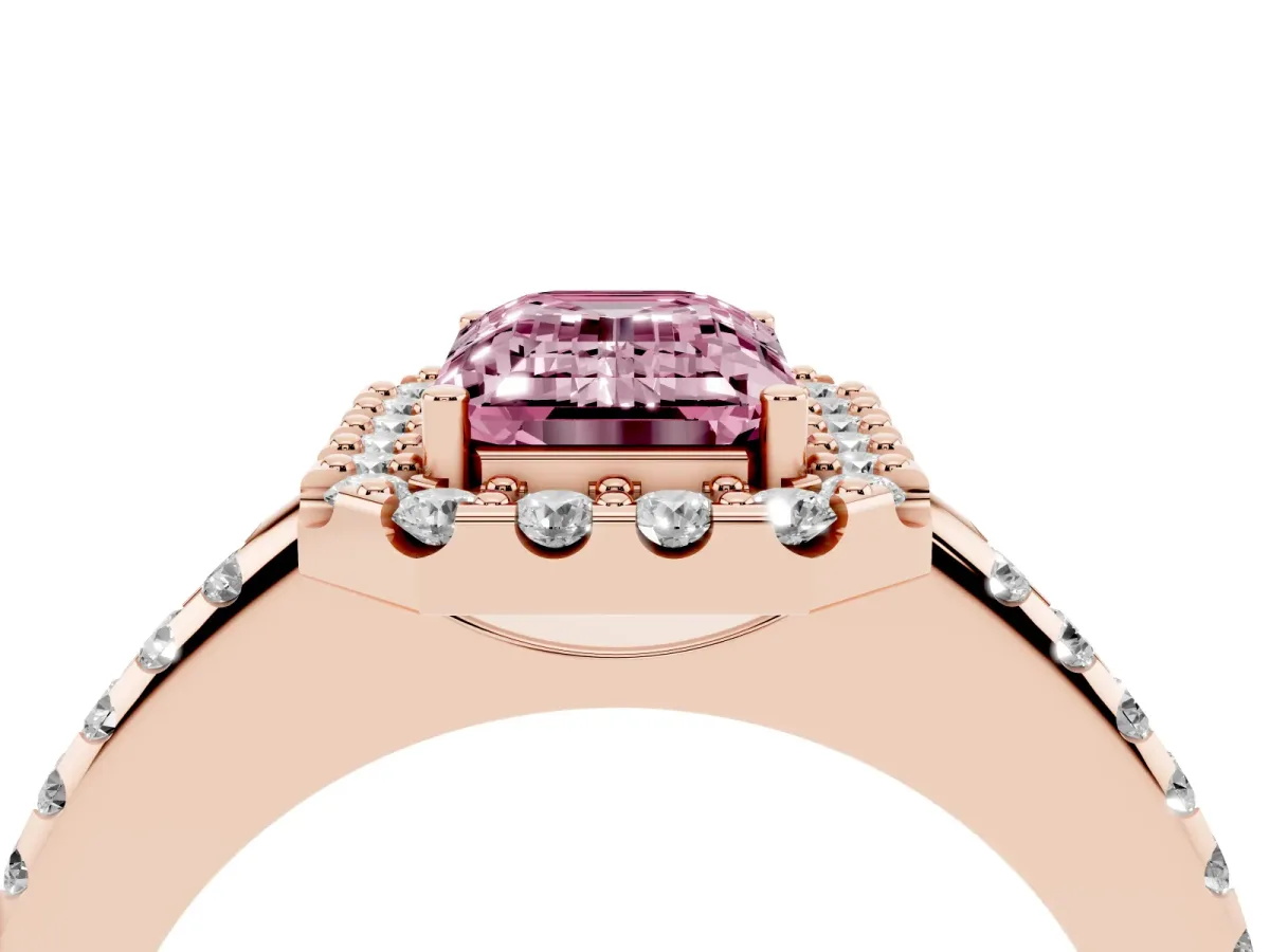 Fancy Pink Emerald Cut Diamond Pavé Halo Ring with Four-Prong Setting Rose gold