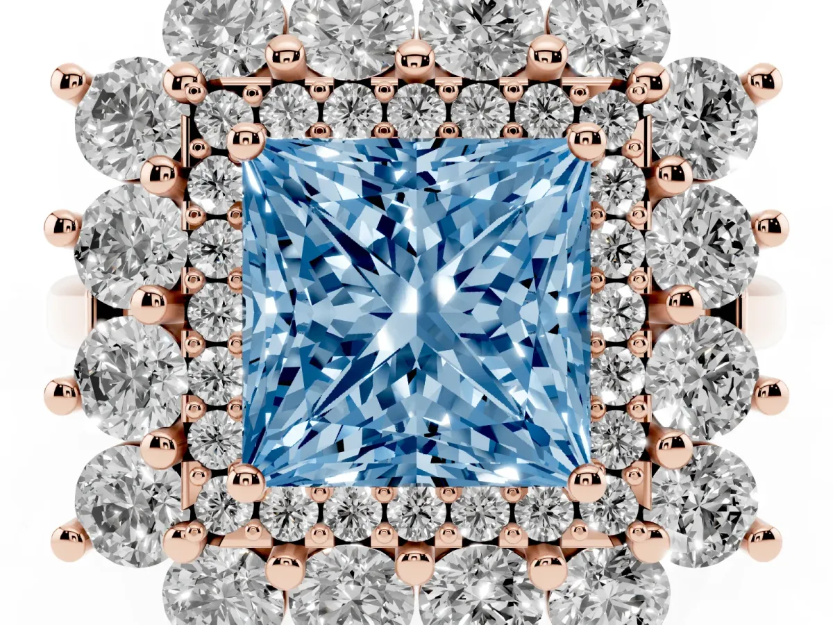 Fancy Blue Princess Cut Diamond Floral Double Halo Engagement Ring with Prong Setting Rose gold