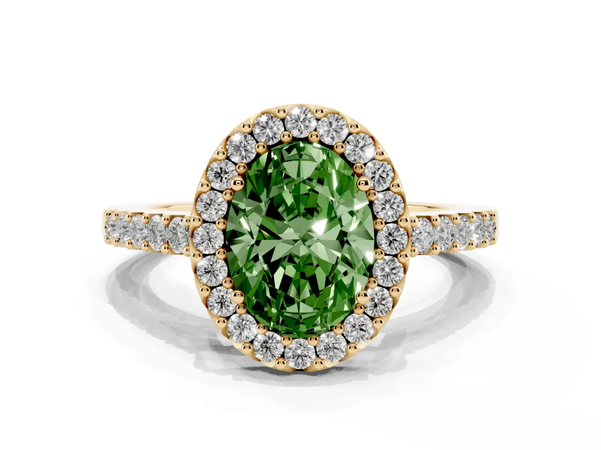 Fancy Green Oval Cut Halo Diamond Pavé Solitaire Ring Yellow gold