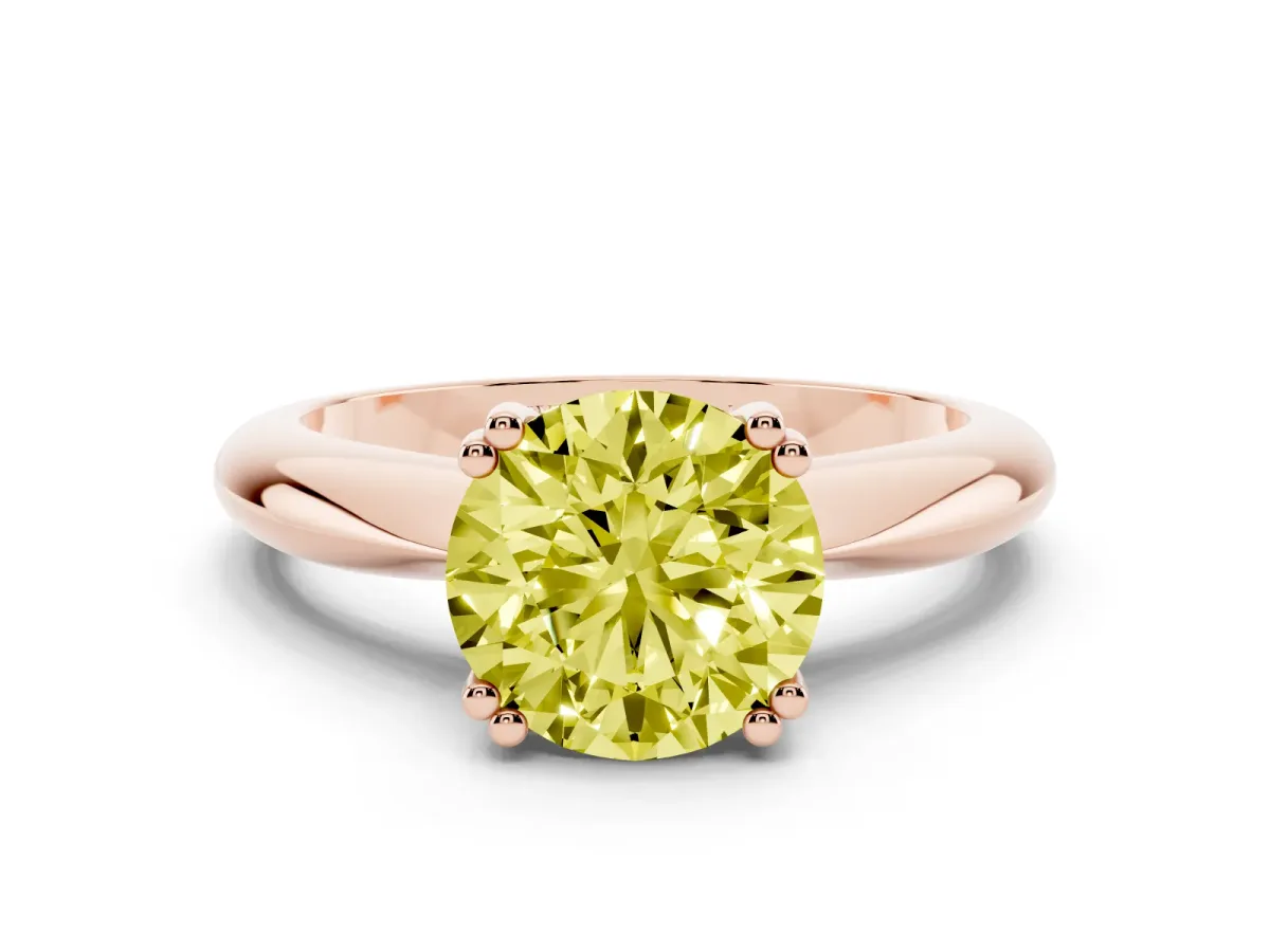 Fancy Yellow Round Cut Cut Solitaire Engagement Ring with Tapered Band and Four-Prong Setting Rose gold