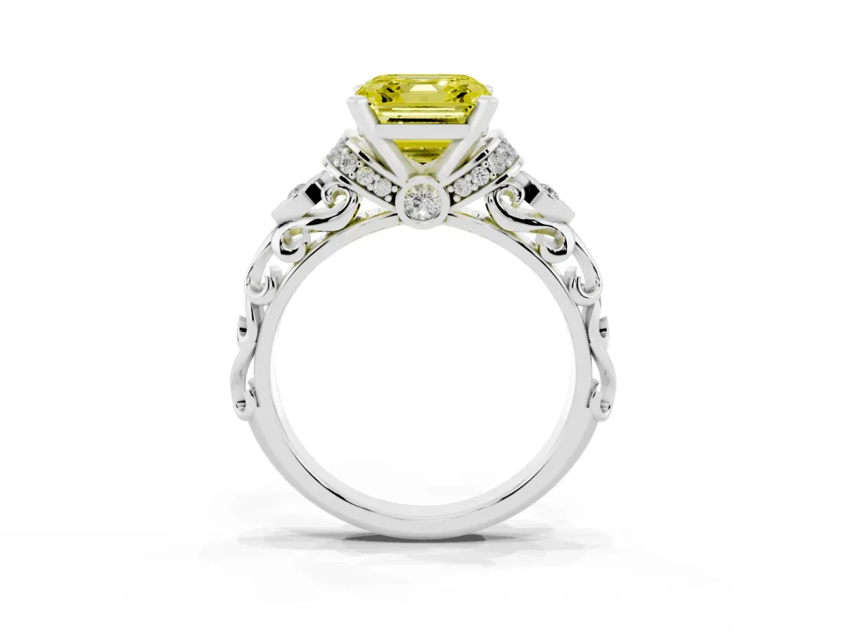 Fancy Yellow Asscher Cut Diamond Solitaire Ring with Filigree Band and Four-Prong Setting Silver