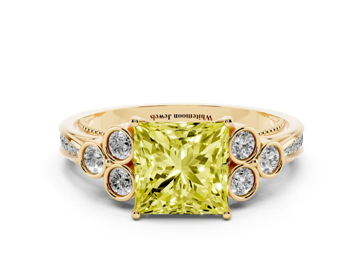 Fancy Yellow Princess Cut Cut Diamond Engagement Ring with Bezel Set Round Side Stones and Prong Setting Yellow gold