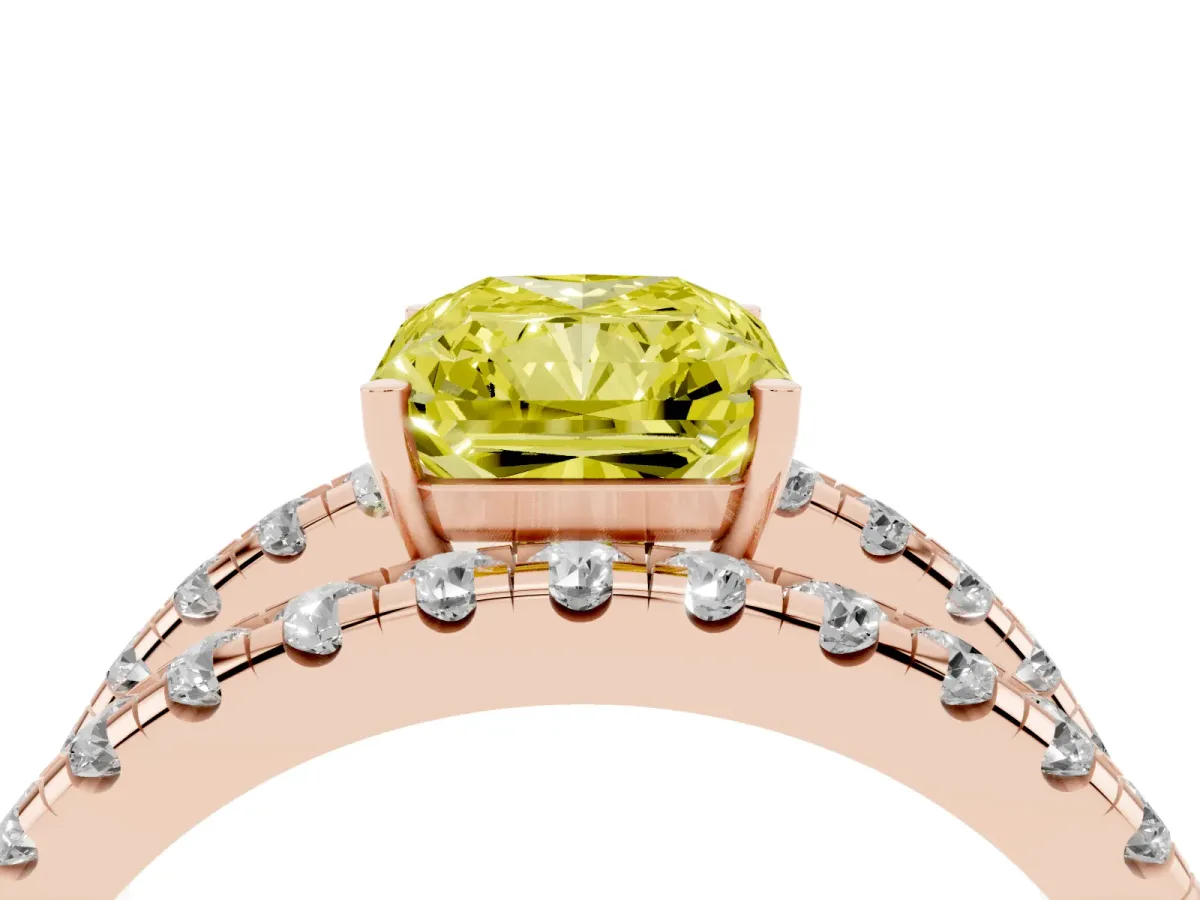 Fancy Yellow Radiant Cut Solitaire Split Shank Pave Diamond Ring Rose gold