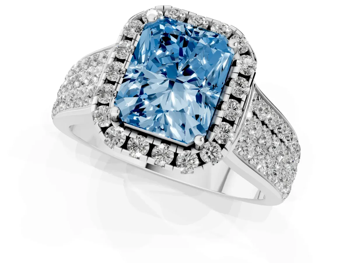 Fancy Blue Radiant Cut Halo Round Diamond Pave Band with Prong Setting Silver