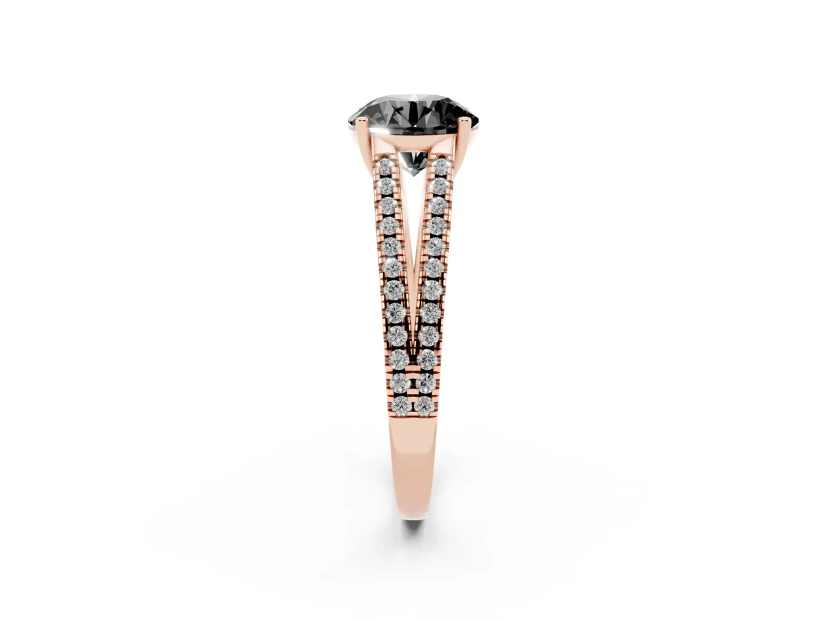Fancy Black Round Cut Diamond Solitaire Engagement Ring with Split Shank Pavé Band Rose gold