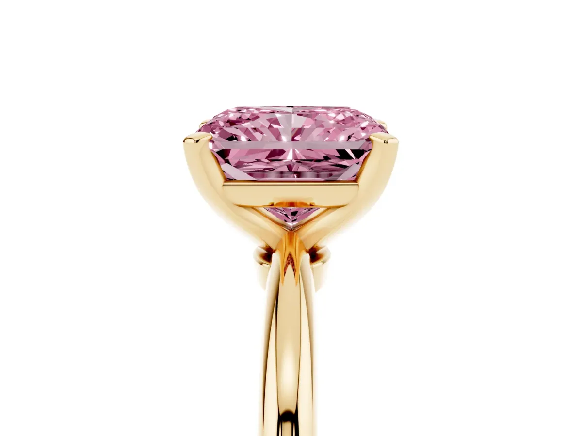 Fancy Pink Radiant Cut Diamond Solitaire Ring with Prong Setting and Classic Band Yellow gold