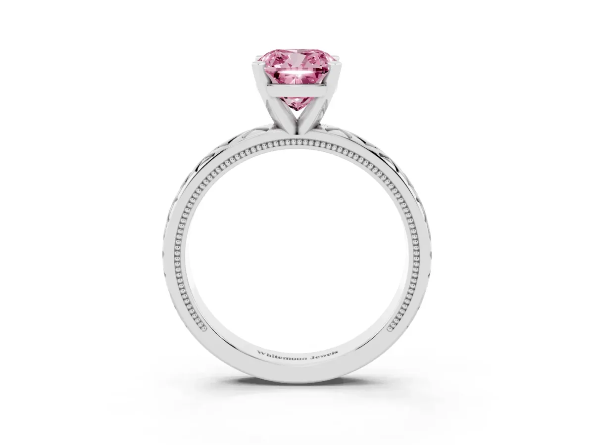 Fancy Pink Cushion Cut Solitaire Diamond Ring with Milgrain and Black Enamel X Pattern Band Silver