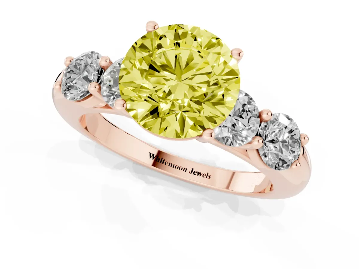 Fancy Yellow Round Cut Cut Five-Stone Prong Set Diamond Ring with Classic Band Rose gold