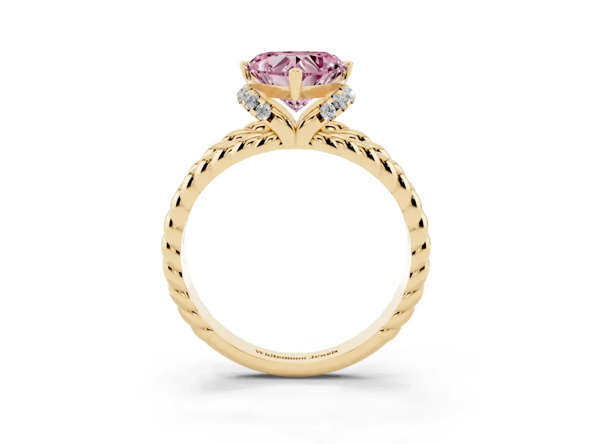 Fancy Pink Heart Cut Halo Twisted Band Four-Prong Ring Yellow gold